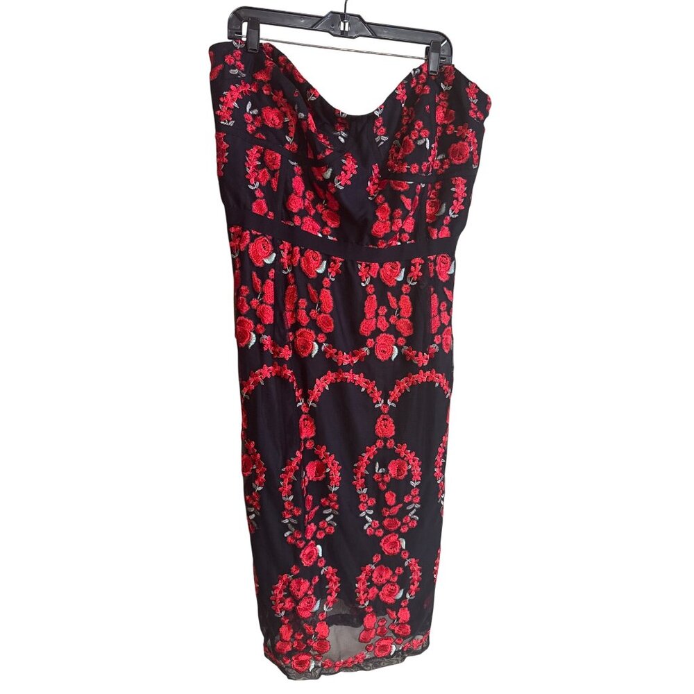 City Chic Womens XXL/24 Strapless Black Dress With Red Floral Embroidery Made In